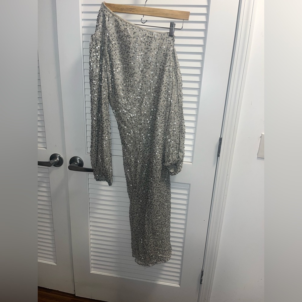 Jens Pirate Booty Drop Shoulder Silver Sequin Dress Small